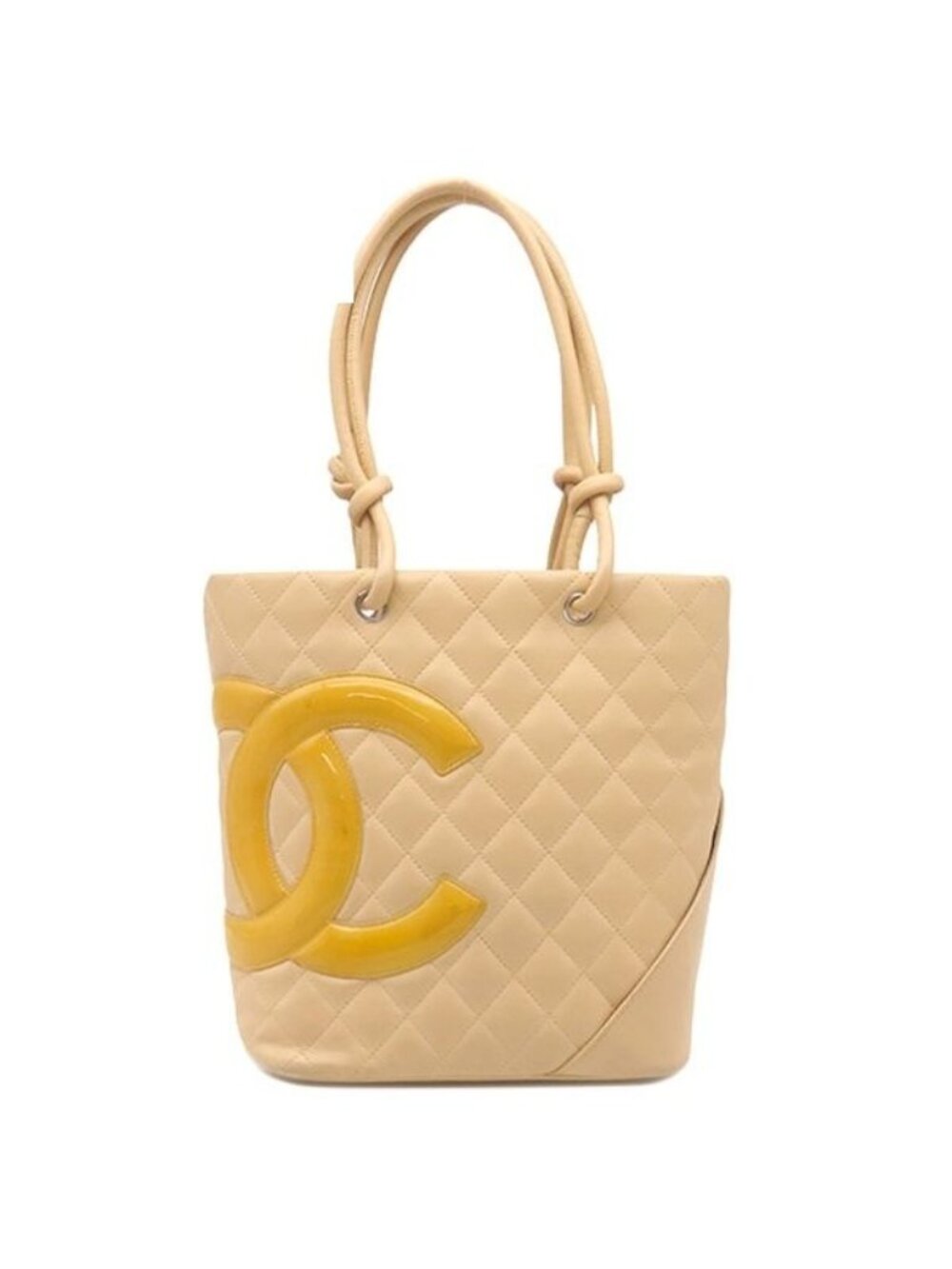 Chanel Tote Bag Cambon Line Medium Leather Patent Beige Orange Silver Quilted CC